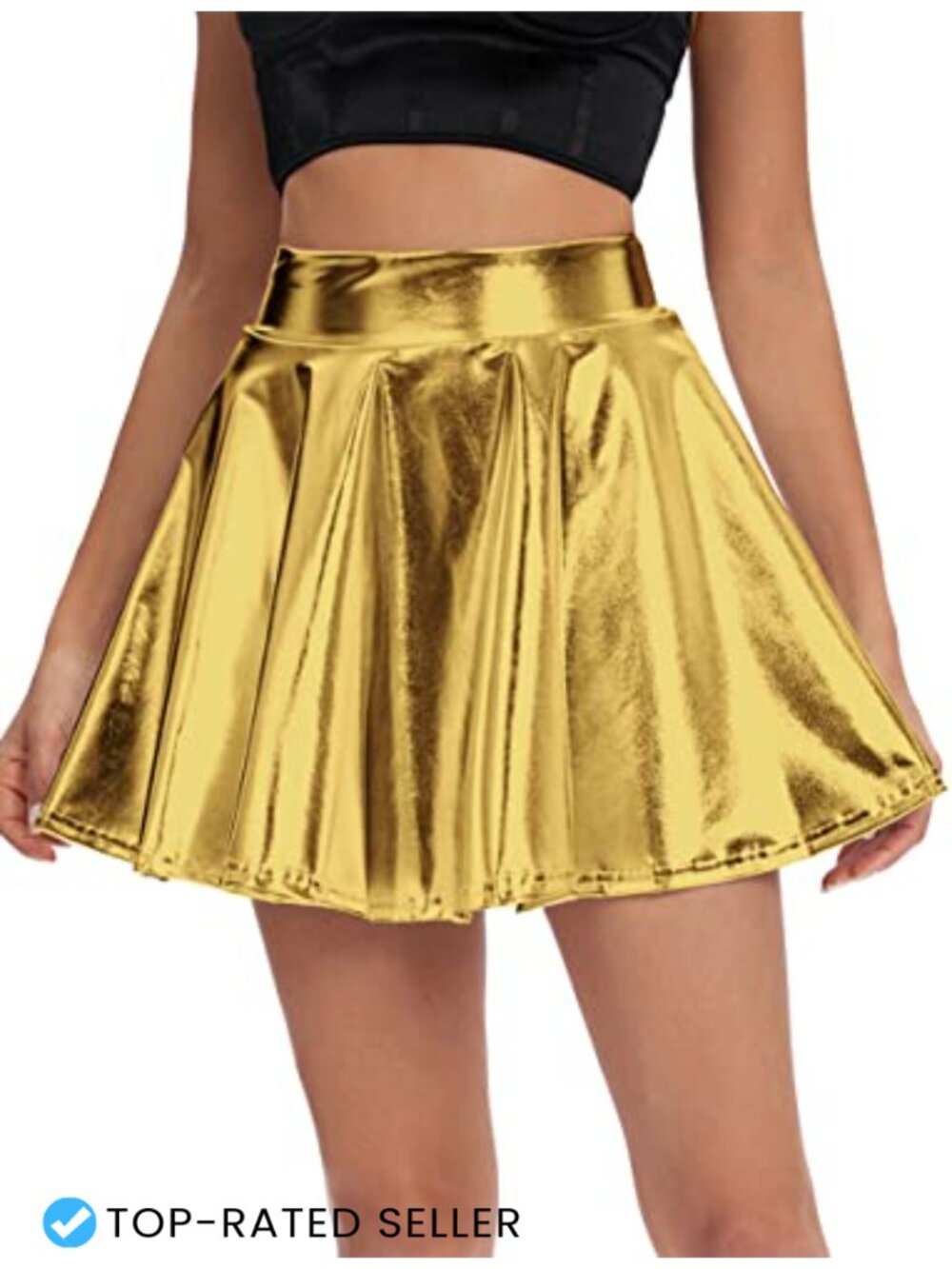Shiny Pleated Mini Skater Skirt High Waist Flared A-Line Elastic Waist